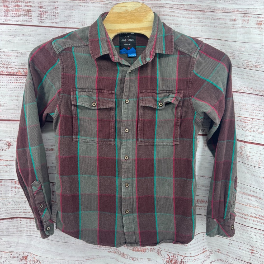 KAVU Flannel Shirt Mens Medium Corduroy Plaid Button Down Long‎ Sleeve